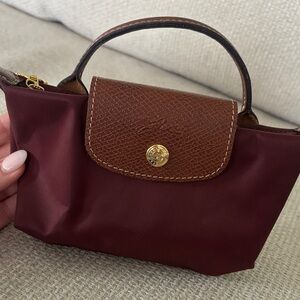 Longchamp Mini Top-Handle Bag in Burgundy with Brown Trim